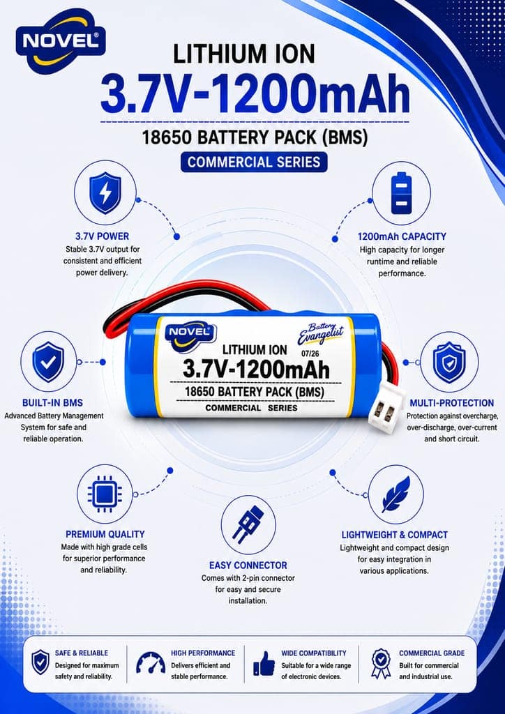NOVEL 3.7V BMS 18650 LITHIUM ION SINGLE BATTERY WITH JST 2PIN - 1200mAh view 2