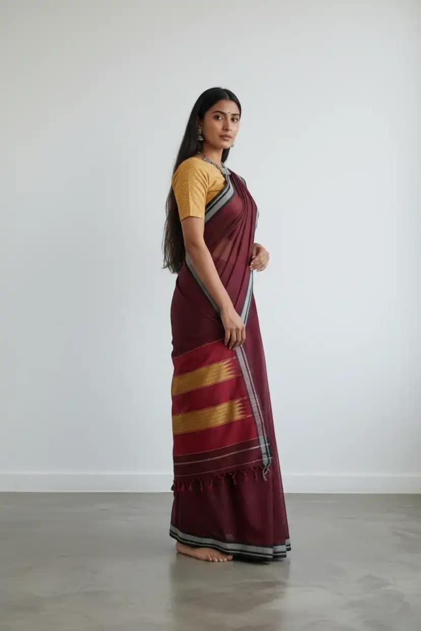 Handwoven Ilkal Cotton Saree in Maroon with Mustard Pallu Bands