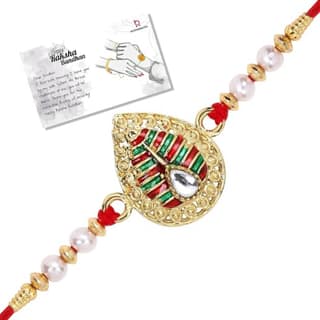LIVE EVIL Traditional Pearl Rakhi for Brother, Peacock-Inspired Designer Rakhi with Decorative Stones and Red Sacred Thread for Raksha Bandhan