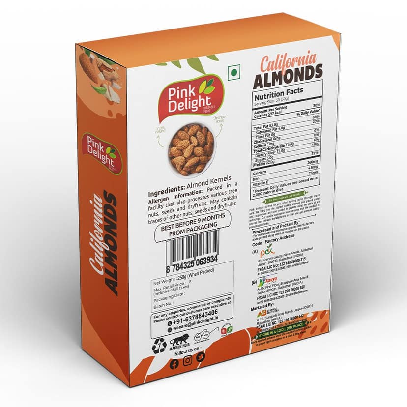 Pink Delight | Badam (Almonds) | Natural & Organic Dry Fruilts | 250 Gm Box Pack view 2