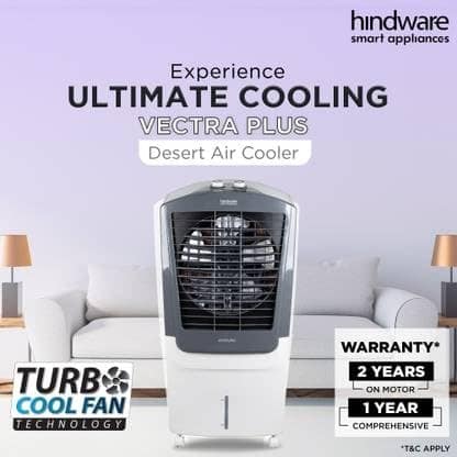 Hindware Smart Appliances Vectra Plus 100lL, Desert Air Cooler with Woodwool Pads, Inverter Compatible, Castor wheels and motorized air flow control & High Air Delivery (White & Grey) view 2