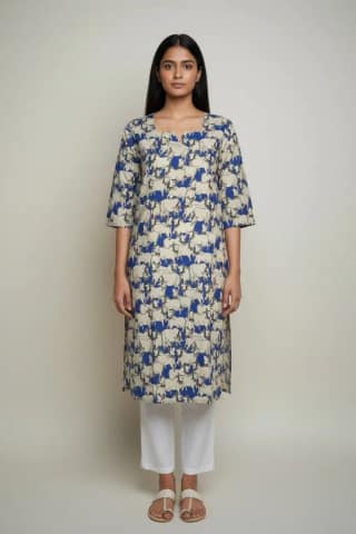 Block Print Cotton Kurti Cream Blue Floral