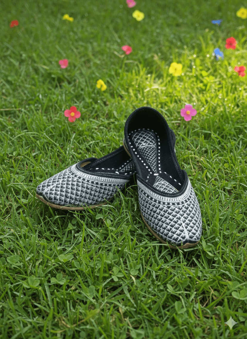 BBJ Handmade Black & Silver Punjabi Jutti for Women | Velvet Finish with Thread & Zari Embroidery | Ethnic Footwear view 2