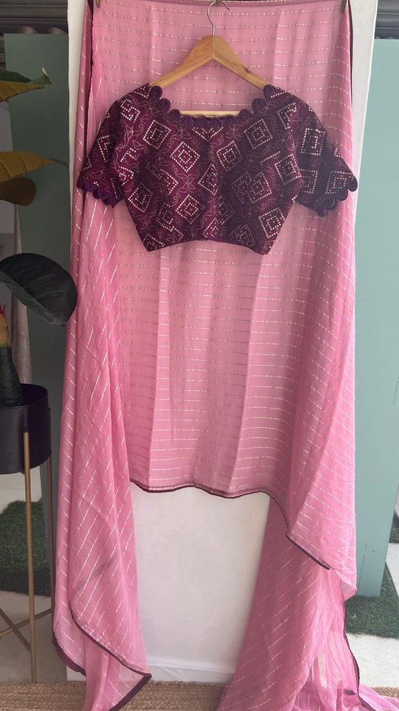 Onion chiffon saree with purple silk handwork blouse view 2
