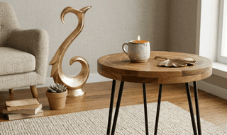 Handcrafted Round Wooden Coffee Table Iron Trio Legs Modern Table