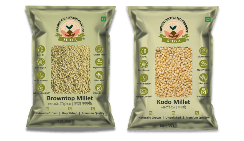 Sedya Two Millet Combo Whole Grains | Browntop & Kodo Millet | Certified Low GI | Korale / Varagu | Gluten Free | Unpolished, Toasted, No Soaking Required | High Plant Protein & Fibre | Total 1 Kg (500 g Each Pack)