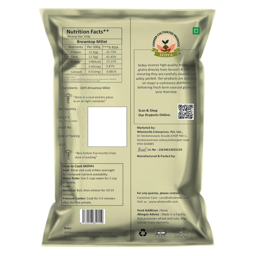 Sedya Two Millet Combo Whole Grains | Browntop & Kodo Millet | Certified Low GI | Korale / Varagu | Gluten Free | Unpolished, Toasted, No Soaking Required | High Plant Protein & Fibre | Total 1 Kg (500 g Each Pack) view 2