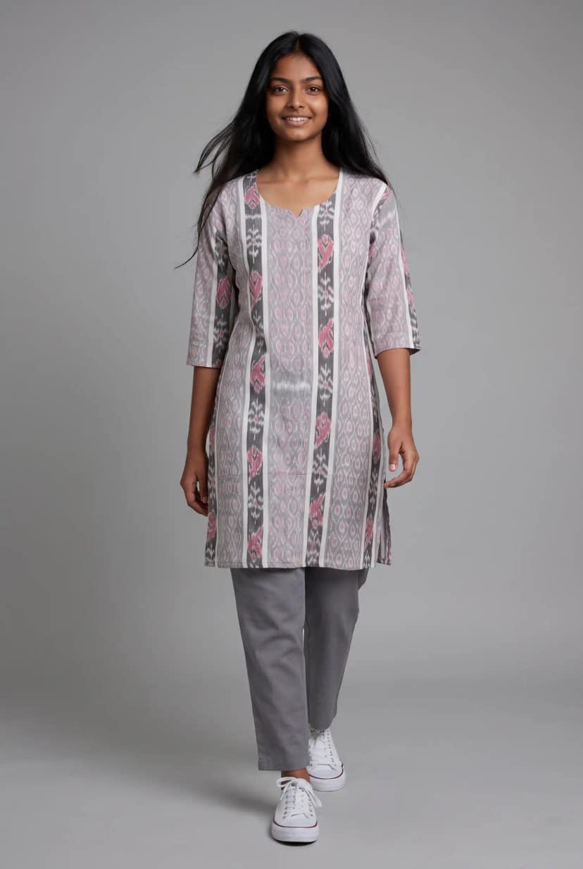 Grey Sambalpuri Bandhakala Handloom Cotton Kurti view 2