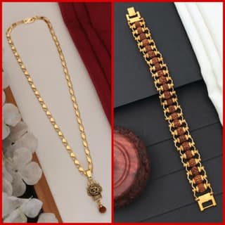 OM Fancy Gold Plated Long CHAIN-PENDANLE & Gold Rudraksha Bracelet For Man's and Boy's (COMBO PACK OF 2 PIC)