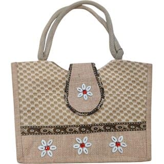 Handcrafted Eco-Friendly Jute Handbag with Shell Floral Work