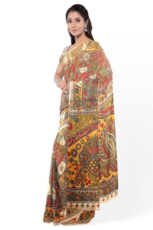 Cottage Handmade Womens Kalamkari Silk Saree with Unstitched Blouse - Multicolor view 2