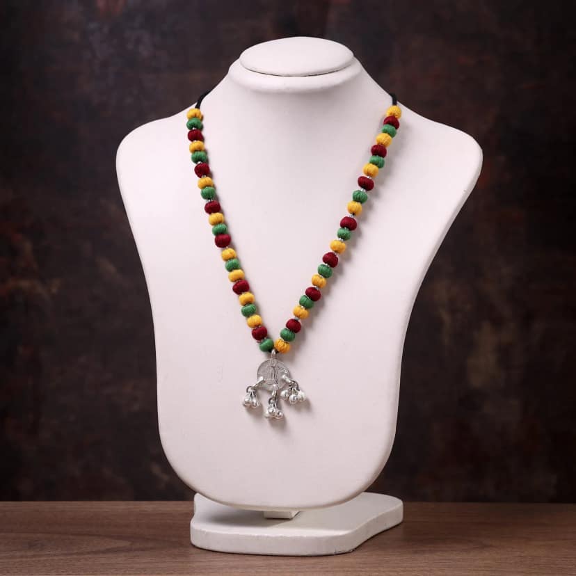 Multicolor Lambani Thread & Bead Work Coin Pendant Necklace view 2