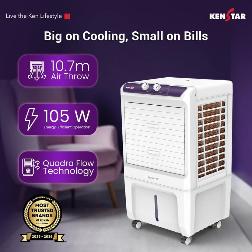 Kenstar Cyclone HC 60 Personal Air Cooler 60L Honeycomb Pads High Speed Fan 2500 RPM Inverter Compatible view 2
