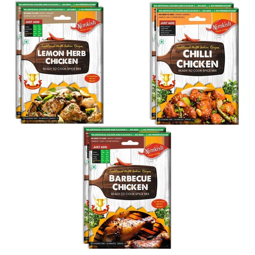 Nimkish International Spice Mix Combo Pack of 6 | Lemon Herb, BBQ & Chilli Chicken | Global Flavors Premix