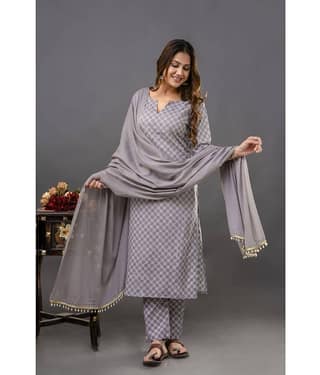 Shivaradhya designers Cotton Printed Kurti With Pants Women's Stitched Salwar Suit - Grey ( Pack of 1 )