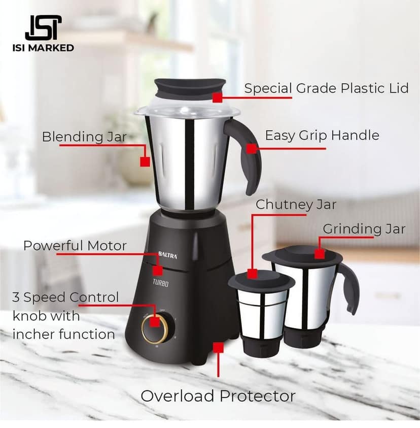 Baltra Turbo 750Watt Mixer Grinder with 3 Stainless Steel Jars With 2year warranty view 2