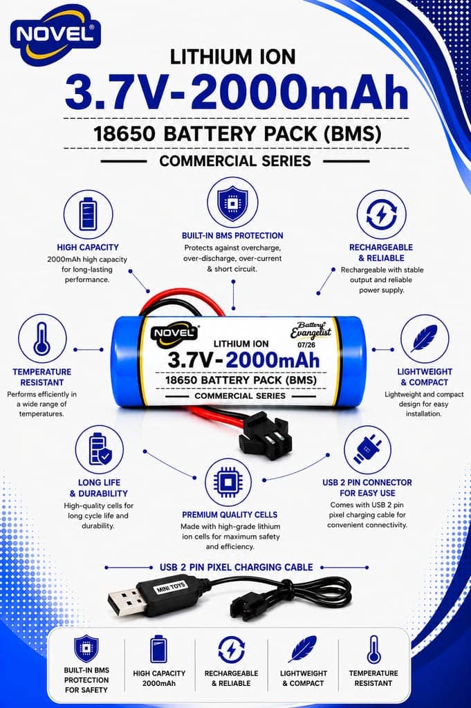 NOVEL 3.7V 18650 LITHIUM ION SM PIN BATTERY WITH CHARGING CABLE- 2000mAh view 2
