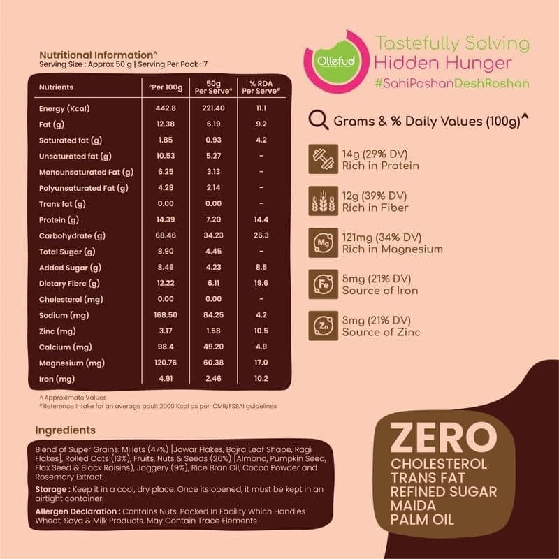 Ollefud Millet Choco Crunchy Muesli | 47% Millets | 26% (Fruits, Nuts & Seeds) | Protein, Fiber & Magnesium Rich | Iron & Zinc Source | No Refined Sugar view 2