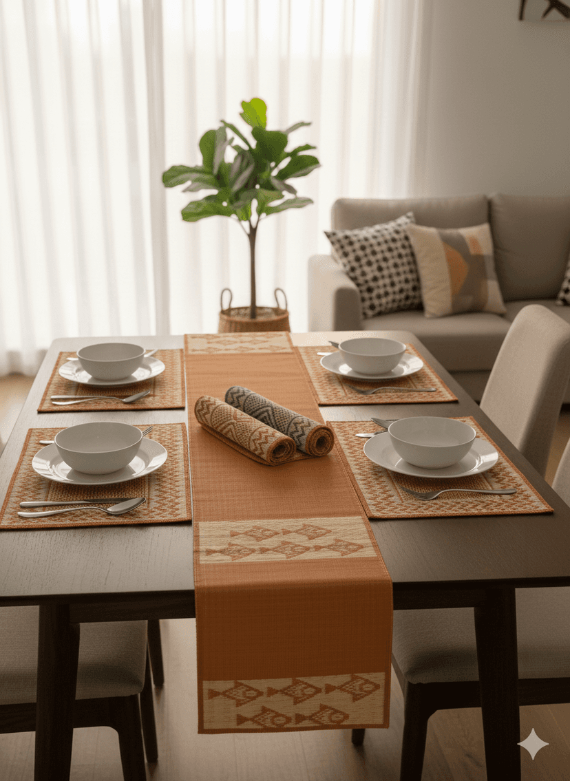 Sandhya Mat Unit Classic Madurkathi Grass Handwoven Dining Table Mat And Runner Set view 2