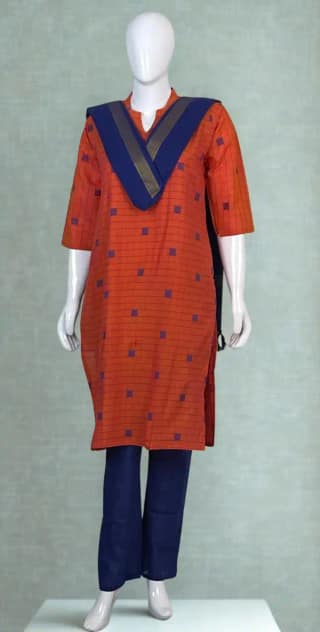 Woven Check Cotton Kurti Set Terracotta Indigo 3 Piece