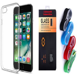 Reliance Jio LYF Wind 3 Soft Transparent TPU Back Cover and 9H Tempered Glass and USB Nylon Cable