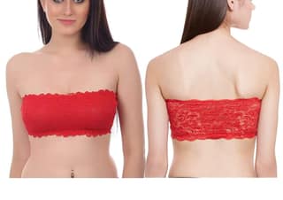 FooFaa Pack of 2 - Lace Net Padded Non-Wired Tube Bra with Cotton Lining Detachable Straps for Women - Fits 28" to 34" Bust