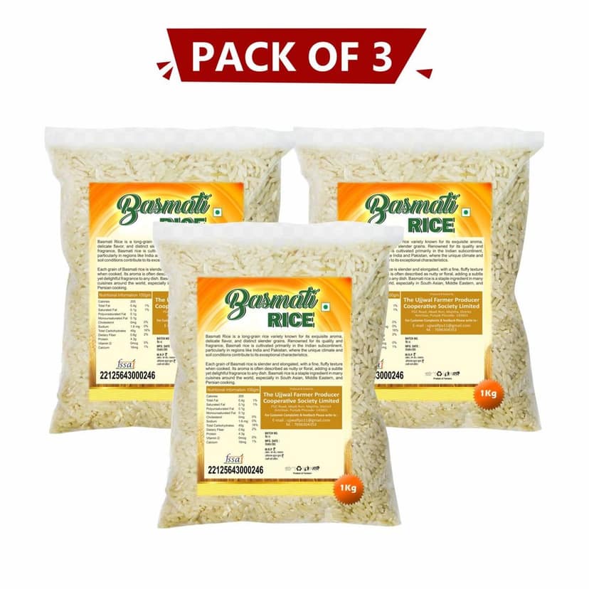 Basmati Rice 1 kg Pack of 3 – Farm-Fresh, Long-Grain Rice for Perfect Everyday Meals. view 2