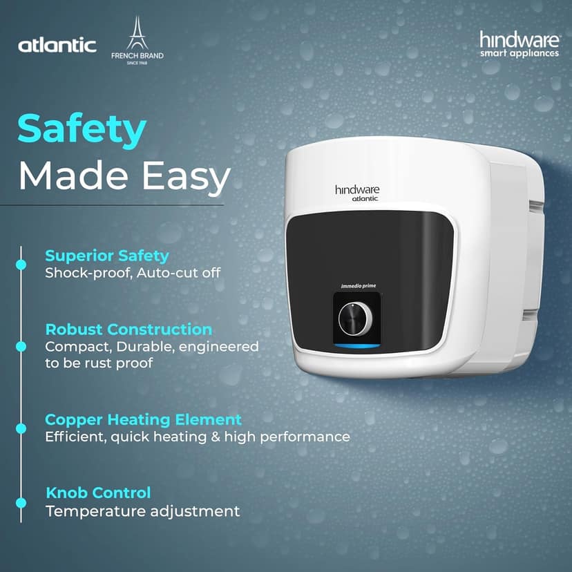Hindware Smart Appliances Immedio Prime 25L Storage Water Geyser, 5 Star BEE Energy Rating, Glassline Tanked, Temperature Control Knob - White & Black view 2