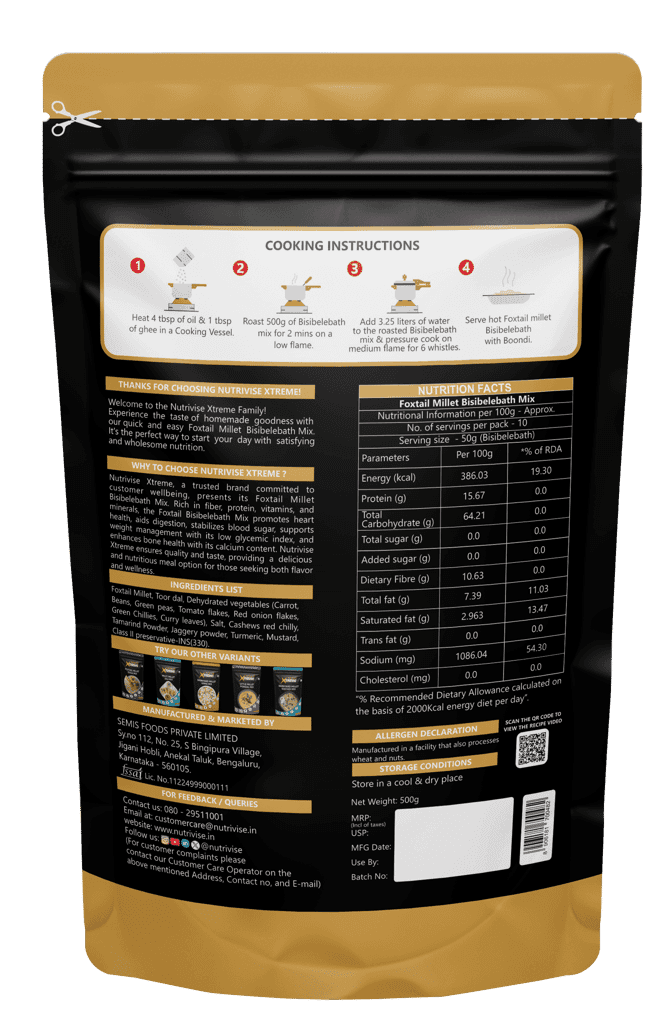 Nutrivise Xtreme Instant Mix : Foxtail Bisebellebath Mix|Instant Cook|Low GI|Rich in Protein & Fiber|500g each(Pack of 1) view 2