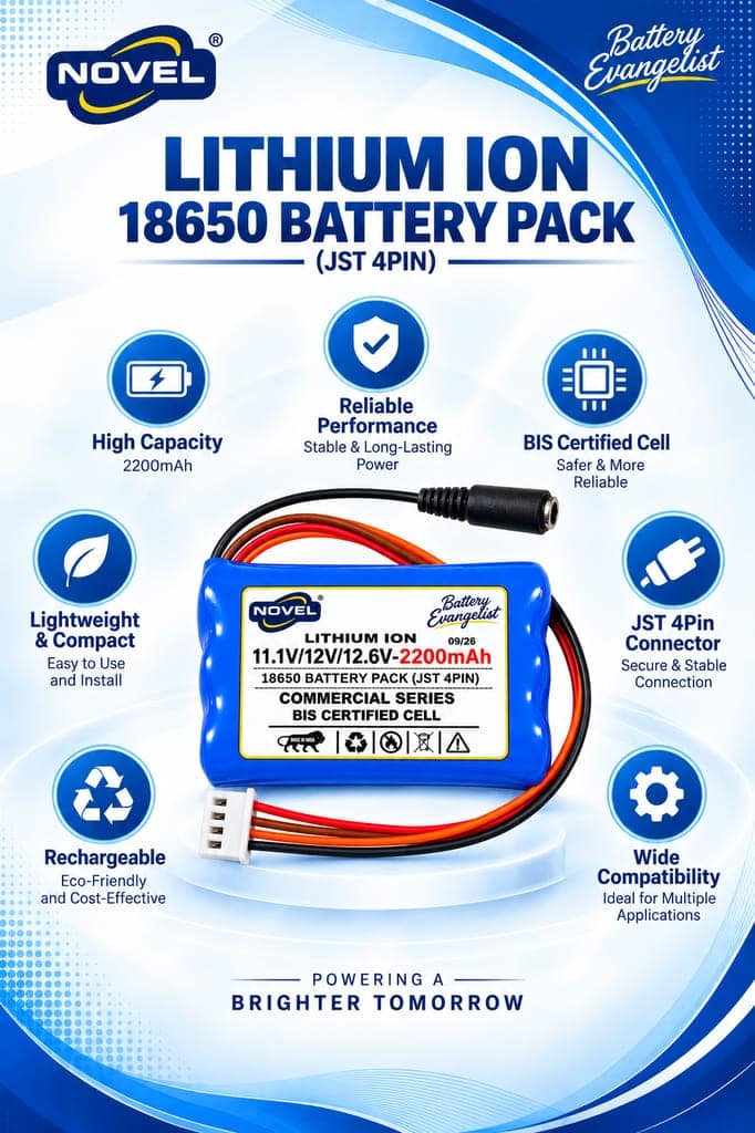 NOVEL 11.1V / 12V / 12.6V 18650 BMS LITHIUM ION BATTERY PACK WITH DC FEMALE + JST 4 PIN- 2200mAh view 2
