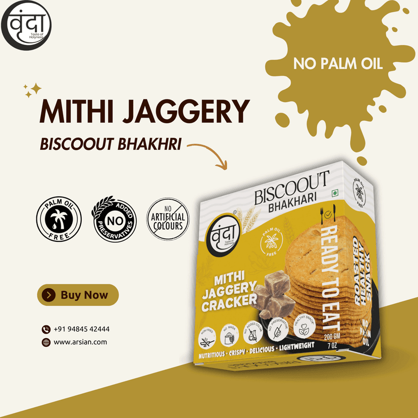 Vrunda Palm Oil Free Roasted Bhakhari |Mithi Jaggery Cracker|Snacks |Pack of 4 (200Gm each) view 2