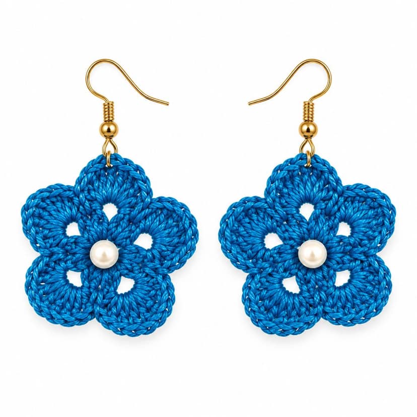 Handmade Blue Crochet Flower Earrings with Pearl Centre | Lightweight Fashion Jewellery | M/S STYLE MOMENTS & GIFT COLLECTION