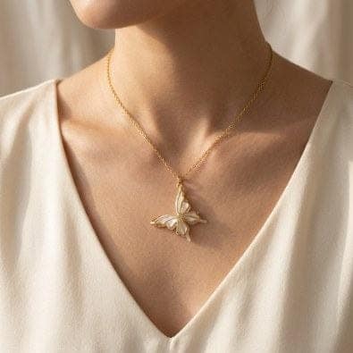 Sculpted Mother-of-Pearl Butterfly Pendant Necklace | Gold-Tone Anti-Tarnish Imitation Jewellery view 2