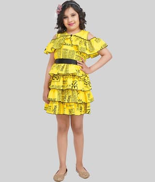 Being Naughty Crepe Fit And Flare Dress For Girls ( Pack of 1 , Yellow )