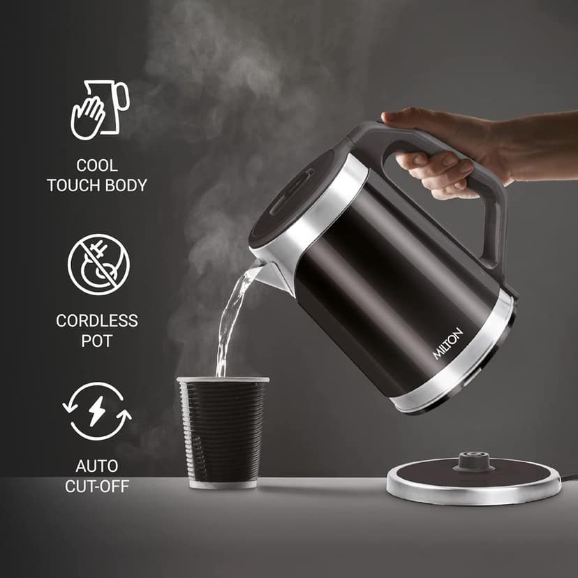 Milton Euroline Vienna Electric 1.8 Stainless Steel Electric Kettle, 1 Piece, 1.8 Litre, Black, Power Indicator, 1500 Watts, Double Walled, Auto Cut-off view 2