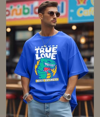 Leotude Men Cotton Blend Oversized Fit Printed T-Shirt ( Blue )