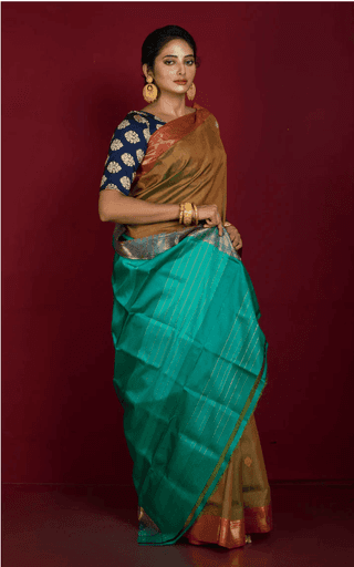 Mustard Yellow And Sea Green Pure Handloom Tussar Silk Saree With Blouse Piece
