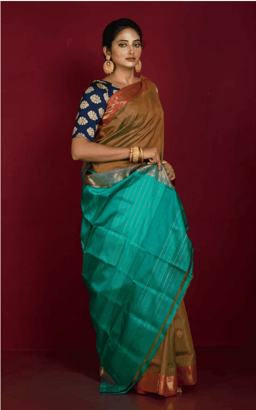 Mustard Yellow And Sea Green Pure Handloom Tussar Silk Saree With Blouse Piece