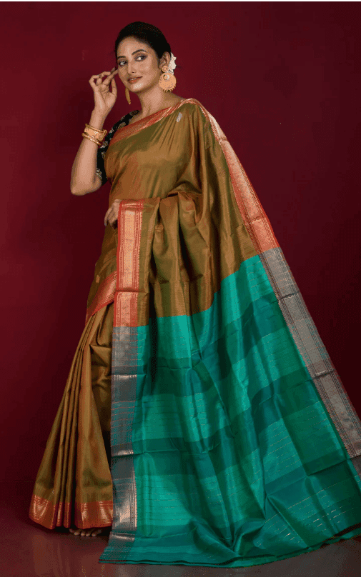 Mustard Yellow And Sea Green Pure Handloom Tussar Silk Saree With Blouse Piece view 2