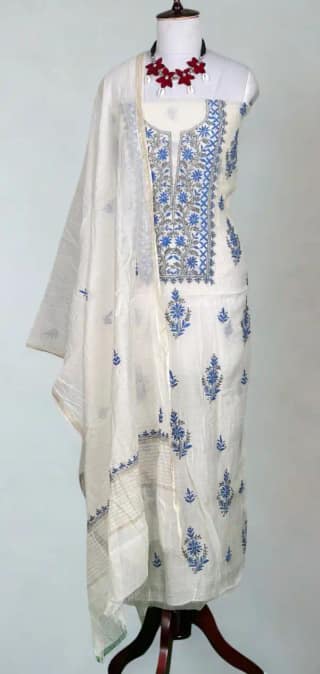 Chikankari Mul Chanderi Dress Material Ivory Royal Blue