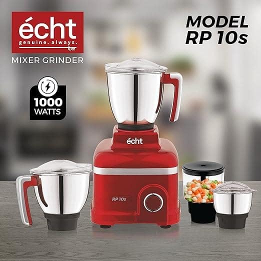 Echt RP 10s Mixer Grinder 1000 Watt,4 Stainless Steel Jars,Wet Jar (1500 ml), Multipurpose Jar (1000 ml), Chutney Jar (300 ml) and Chopper Jar (500ml);3 Speed Control, with 2 years warranty, Red view 2