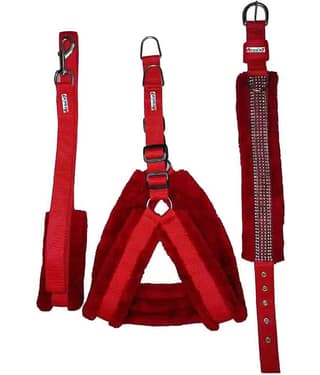 Petshop7 Fur Padded Nylon Dog Harness , Dog Collar & Dog Leash Large (Chest Size - 29-35inch) Red
