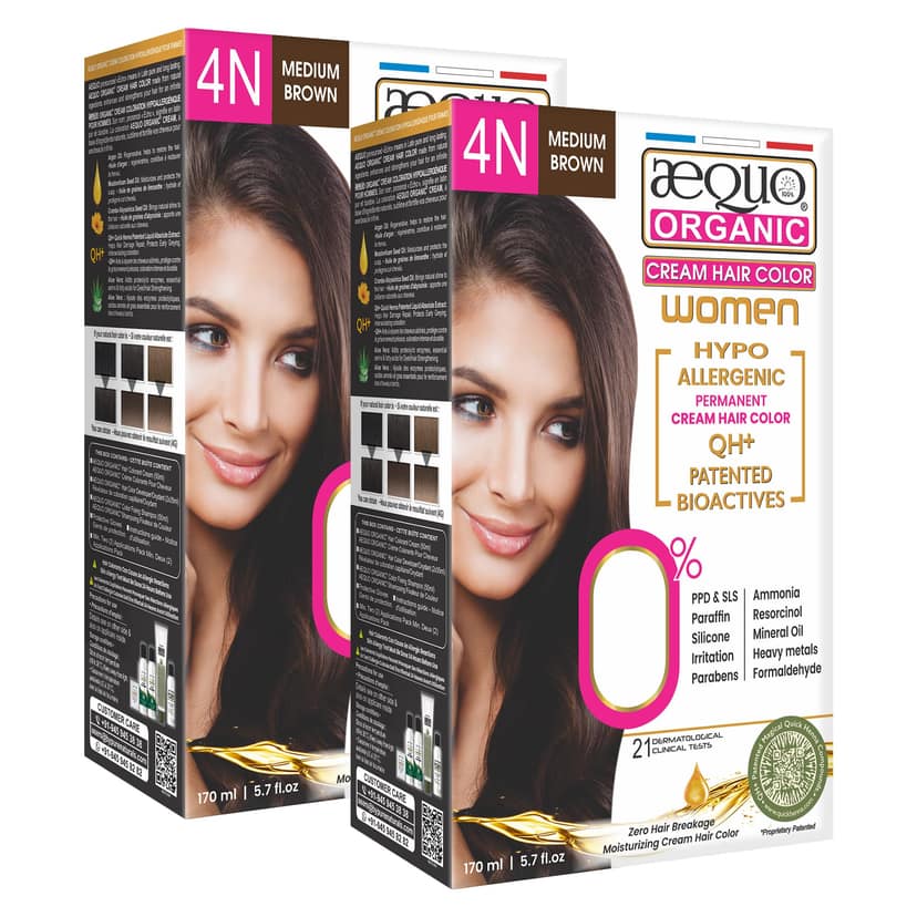 Aequo Organic Cream Hair Color for Women 4N Medium Brown 170ml- Pack of 2 | Natural Hair Colour for Women | PPD & Ammonia Free Organic Hair Colour Aequo Organic Cream Hair Color for Women 4N Medium Brown 170ml- Pack of 2 | Natural Hair Colour for Women |