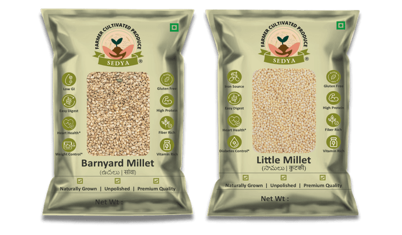 Sedya Two Millet Combo Whole Grains | Barnyard & Little Millet | Certified Low GI | Udalu / Samai | Gluten Free | Unpolished, Toasted, No Soaking Required | High Plant Protein & Fibre | 1 Kg Pack