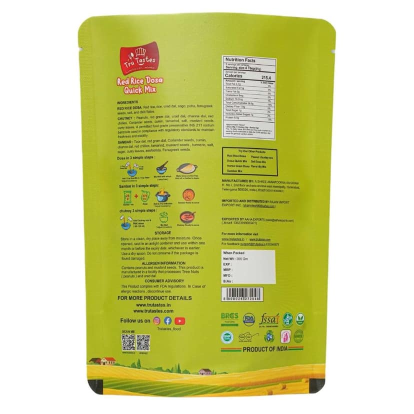 Tru Tastes Red Rice Dosa Quick Mix, Fermented and Processed Naturally, No Preservatives, 300g, Includes Sambar and Chutney Mix, Can make 13 Dosas view 2