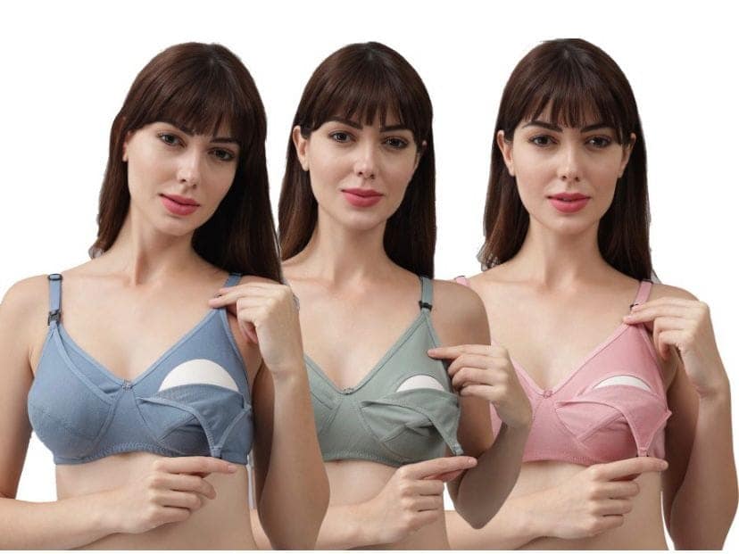 JUSTLY Women Maternity/Nursing Bra Non Padded Non Wired Cotton Feeding Bra for Breastfeeding Mothers –Multicolor-Baby Pink, Olive Green, Sky Blue - Soft Comfortable Daily Wear