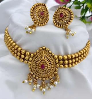 Gold Plated Chick Set Pan Jewellery Set with Matching Earrings for Women Traditional Ethnic Necklace Set for Wedding Party Festive Wear