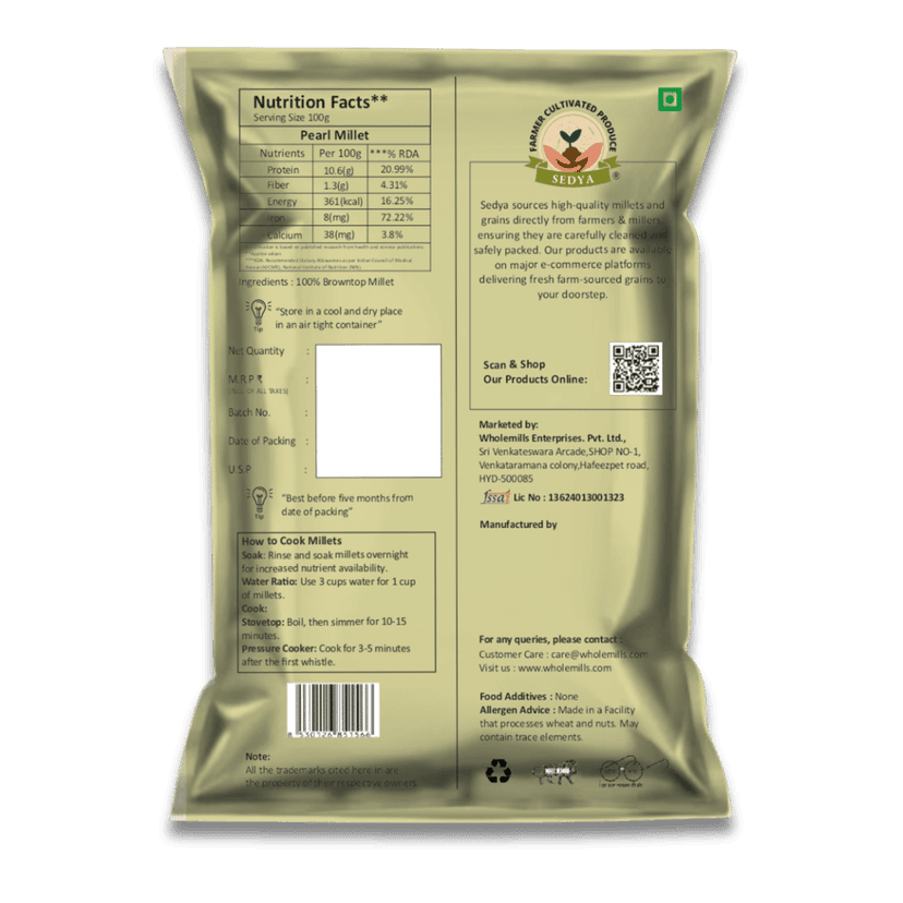 Sedya Five Millet Combo Whole Grains | Pearl, Barnyard, Little, Kodo & Foxtail Millet | Certified Low GI | Sajje / Udalu / Samai / Varagu / Korralu | Gluten Free | Unpolished, Toasted, No Soaking Required | High Plant Protein & Fibre view 2