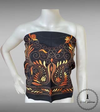 Black Bengal Kantha Hand Embroidered Blouse Piece for Sarees
