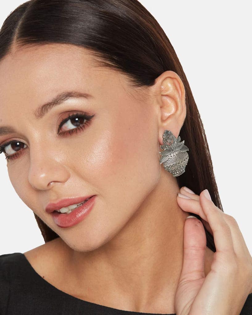 Silver look alike oxidized stud earrings for women and girls view 2